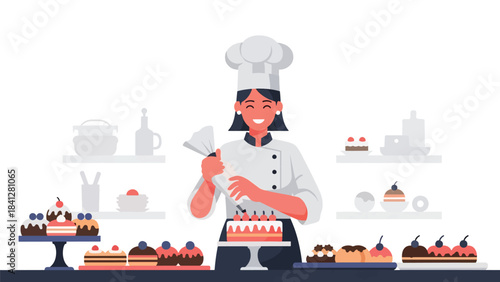 Pastry chef decorating a cake with piping bag. Modern flat vector dessert illustration with clean shapes and solid tones