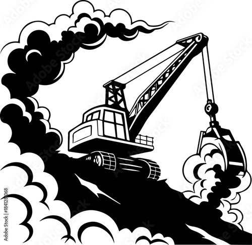 Excavator with Claw on Rugged Terrain – Black and White Vector