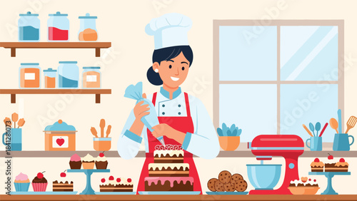 Pastry chef decorating a cake with piping bag. Modern flat vector dessert illustration with clean shapes and solid tones