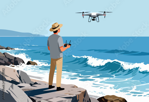 Person controls drone flying over a rocky shore with breaking waves