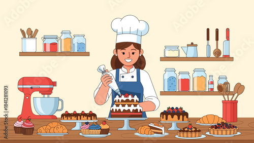 Pastry chef decorating a cake with piping bag. Modern flat vector dessert illustration with clean shapes and solid tones