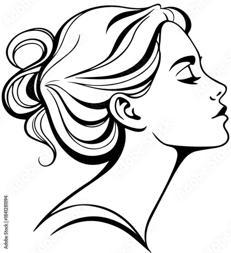 Woman’s Profile with Flowing Hair – Black and White Line Art