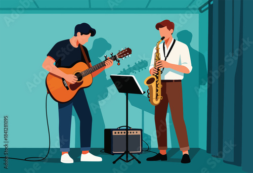 Two musicians practice together, one on guitar, the other on saxophone