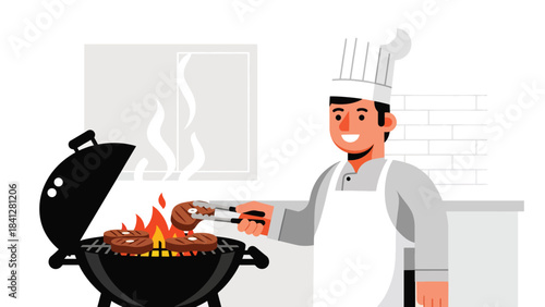 Chef grilling steaks on open-flame grill. Modern flat vector BBQ cooking illustration using bold solid color shapes