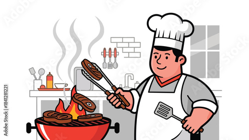 Chef grilling steaks on open-flame grill. Modern flat vector BBQ cooking illustration using bold solid color shapes