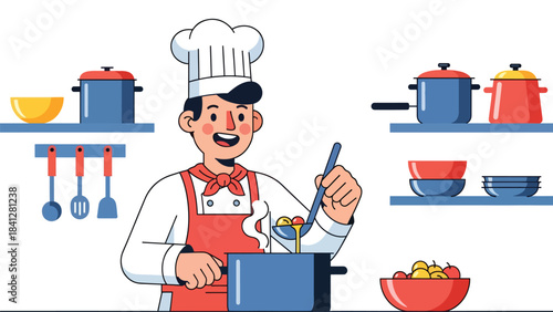 Chef stirring soup in large pot on stove. Modern flat vector cooking illustration with clean shapes and solid colors
