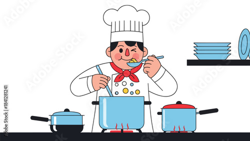 Chef stirring soup in large pot on stove. Modern flat vector cooking illustration with clean shapes and solid colors