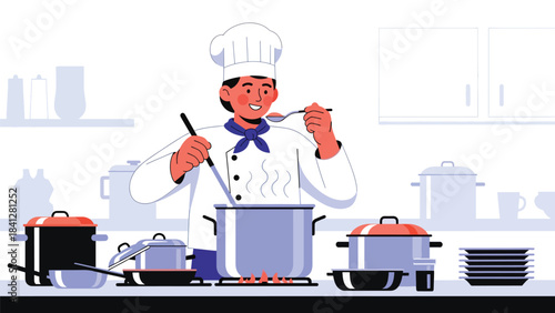 Chef stirring soup in large pot on stove. Modern flat vector cooking illustration with clean shapes and solid colors