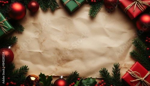 Festive Christmas border with green and red gifts ornaments holly and pine branches on parchment
