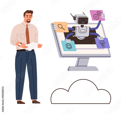 Businessman watches AI robot in computer performing tasks thumbs up search, settings, and ideas. Ideal for automation, AI, cloud storage, innovation, productivity technology efficiency. Simple flat