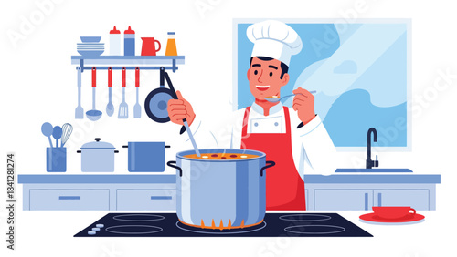 Chef stirring soup in large pot on stove. Modern flat vector cooking illustration with clean shapes and solid colors