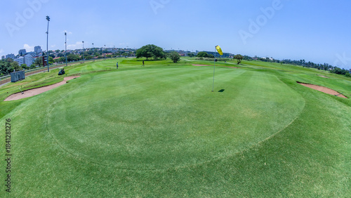 Golf Course Putting Greens Yellow Flag Pins Summer Fairways 