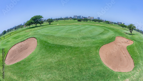 Golf Course Putting Greens Yellow Flag Pins Summer Fairways 