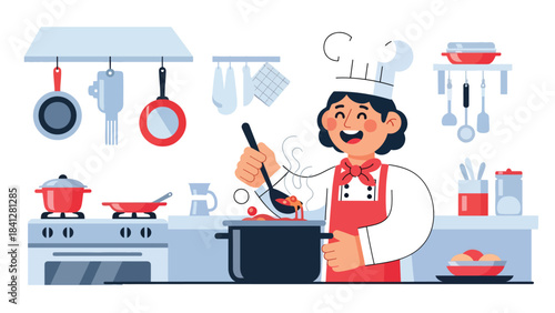 Chef stirring soup in large pot on stove. Modern flat vector cooking illustration with clean shapes and solid colors