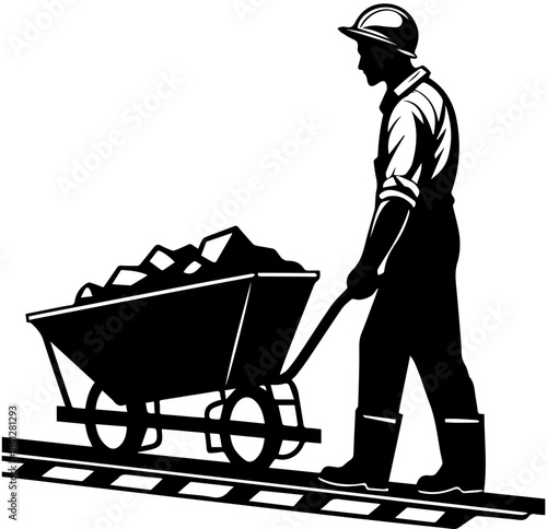 Miner Pushing Wheelbarrow on Track – Black and White Vector
