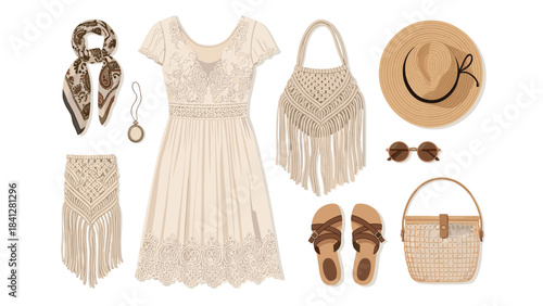 A collection of bohemian fashion items including a dress, accessories and handbags isolated on white background