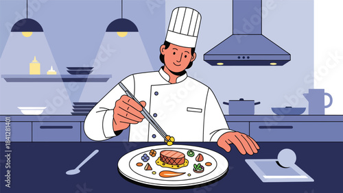 Chef plating a gourmet dish with precision tools. Modern flat vector fine dining illustration in clean solid color style
