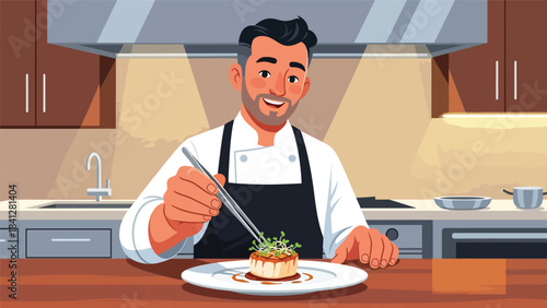 Chef plating a gourmet dish with precision tools. Modern flat vector fine dining illustration in clean solid color style