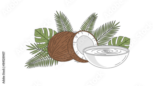 A brown coconut with green leaves and a halved coconut on a white background