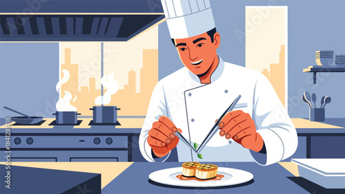 Chef plating a gourmet dish with precision tools. Modern flat vector fine dining illustration in clean solid color style