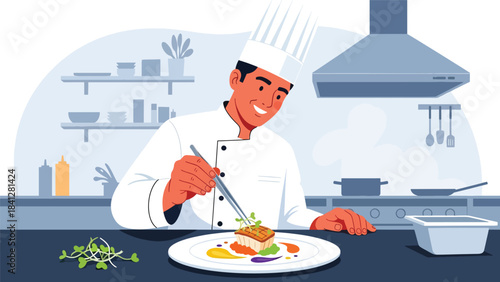 Chef plating a gourmet dish with precision tools. Modern flat vector fine dining illustration in clean solid color style