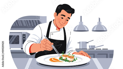 Chef plating a gourmet dish with precision tools. Modern flat vector fine dining illustration in clean solid color style