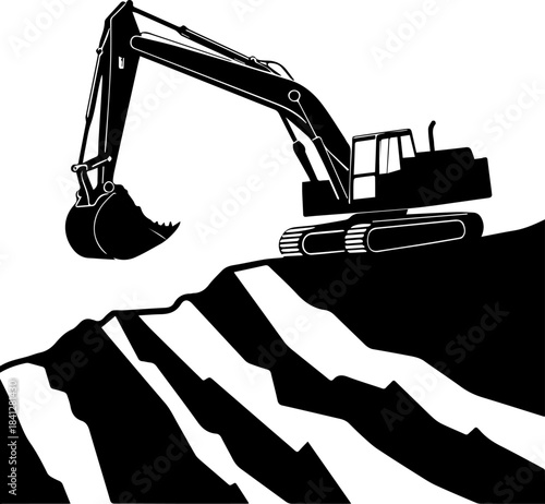 Excavator Silhouette Vector – Rugged Terrain Construction Scene