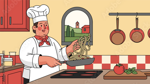 Chef tossing pasta in skillet. Modern flat vector Italian cooking illustration with clean shapes and solid tones