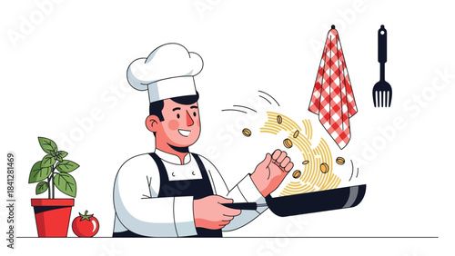 Chef tossing pasta in skillet. Modern flat vector Italian cooking illustration with clean shapes and solid tones