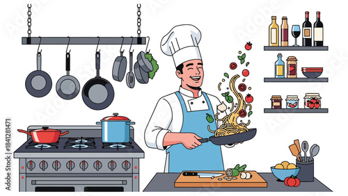 Chef tossing pasta in skillet. Modern flat vector Italian cooking illustration with clean shapes and solid tones