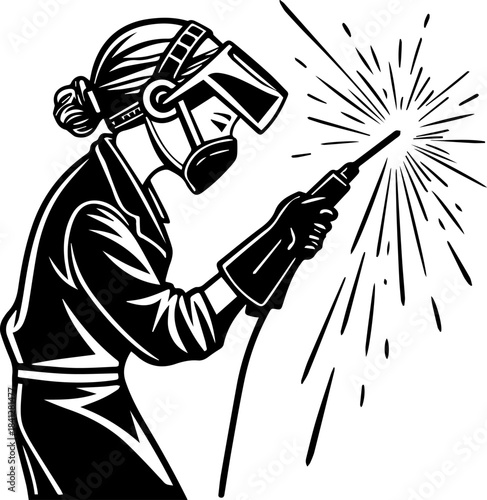 Welding Worker in Protective Gear – Black and White Vector