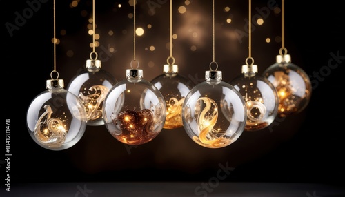 Ornate clear glass Christmas ornaments with swirling golden light suspended against a bokeh background