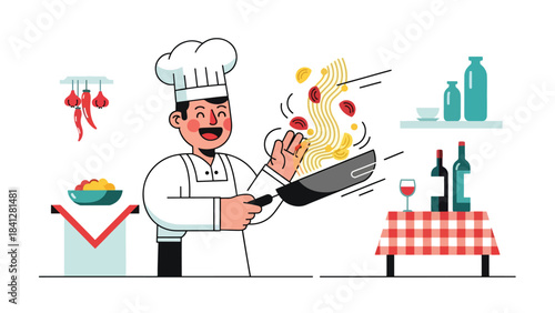 Chef tossing pasta in skillet. Modern flat vector Italian cooking illustration with clean shapes and solid tones
