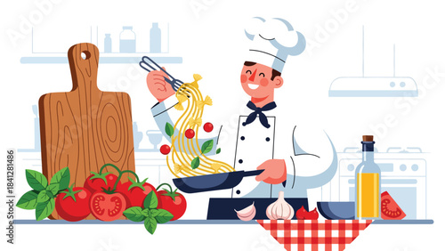 Chef tossing pasta in skillet. Modern flat vector Italian cooking illustration with clean shapes and solid tones