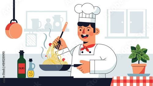 Chef tossing pasta in skillet. Modern flat vector Italian cooking illustration with clean shapes and solid tones