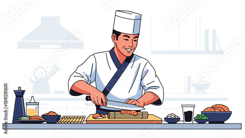 Chef preparing sushi at counter. Modern flat vector Japanese culinary illustration with clean solid color shapes