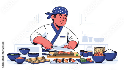 Chef preparing sushi at counter. Modern flat vector Japanese culinary illustration with clean solid color shapes