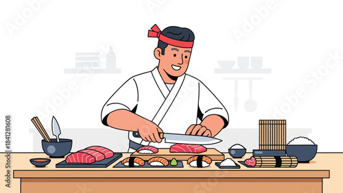Chef preparing sushi at counter. Modern flat vector Japanese culinary illustration with clean solid color shapes