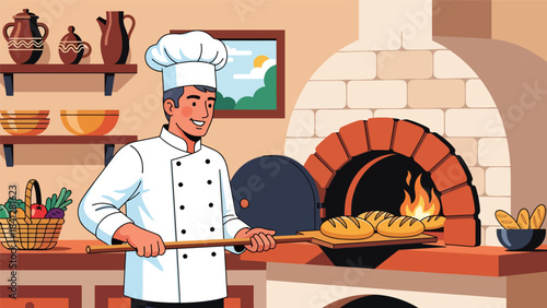 Chef baking bread in oven. Modern flat vector bakery illustration with warm solid tones and simple shapes