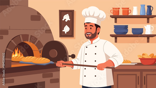 Chef baking bread in oven. Modern flat vector bakery illustration with warm solid tones and simple shapes
