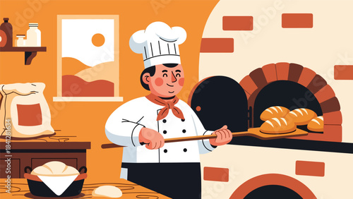 Chef baking bread in oven. Modern flat vector bakery illustration with warm solid tones and simple shapes