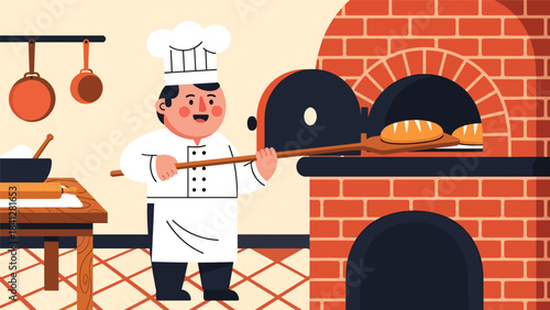 Chef baking bread in oven. Modern flat vector bakery illustration with warm solid tones and simple shapes