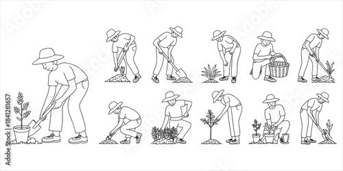 Gardening Activities Line Art Collection Diverse Poses planting digging