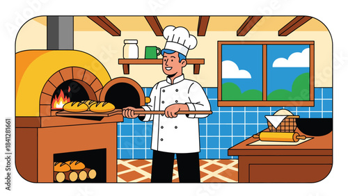 Chef baking bread in oven. Modern flat vector bakery illustration with warm solid tones and simple shapes