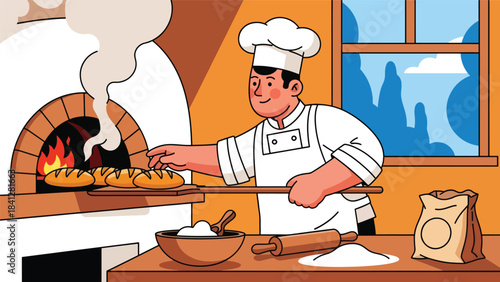 Chef baking bread in oven. Modern flat vector bakery illustration with warm solid tones and simple shapes