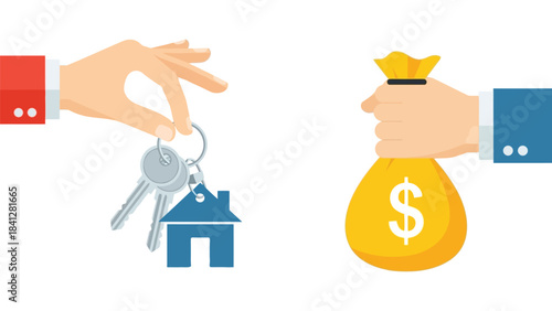 Hand holding house keys and hand holding money bag with dollar sign, concept of real estate transaction, buying or selling a home, property investment, mortgage payment or loan approval illustration