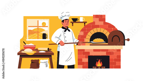 Chef baking bread in oven. Modern flat vector bakery illustration with warm solid tones and simple shapes