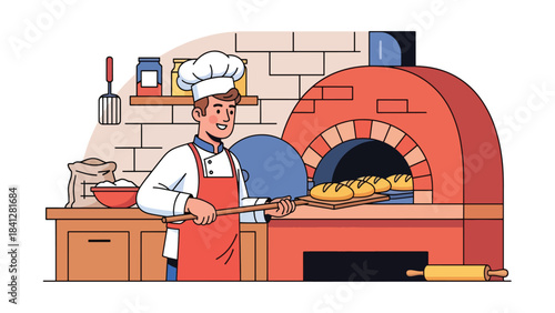 Chef baking bread in oven. Modern flat vector bakery illustration with warm solid tones and simple shapes