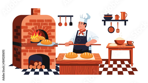 Chef baking bread in oven. Modern flat vector bakery illustration with warm solid tones and simple shapes