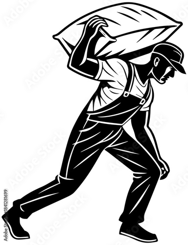 Black and White Worker Carrying Sack Illustration